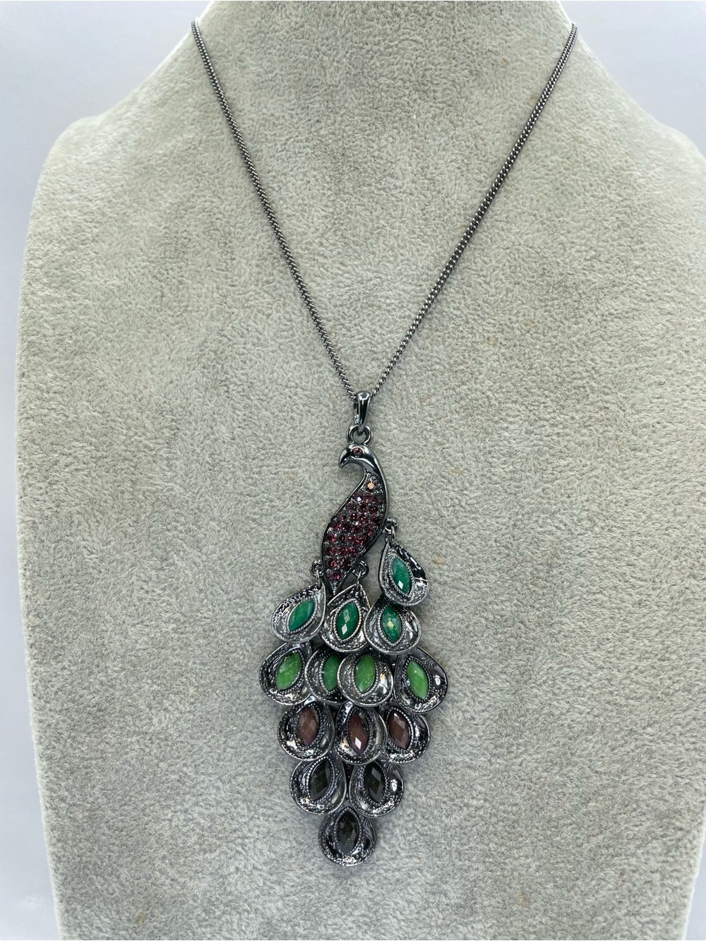 Silver Tone Peacock Pendant Necklace Pink Crystal Green Brown Statement